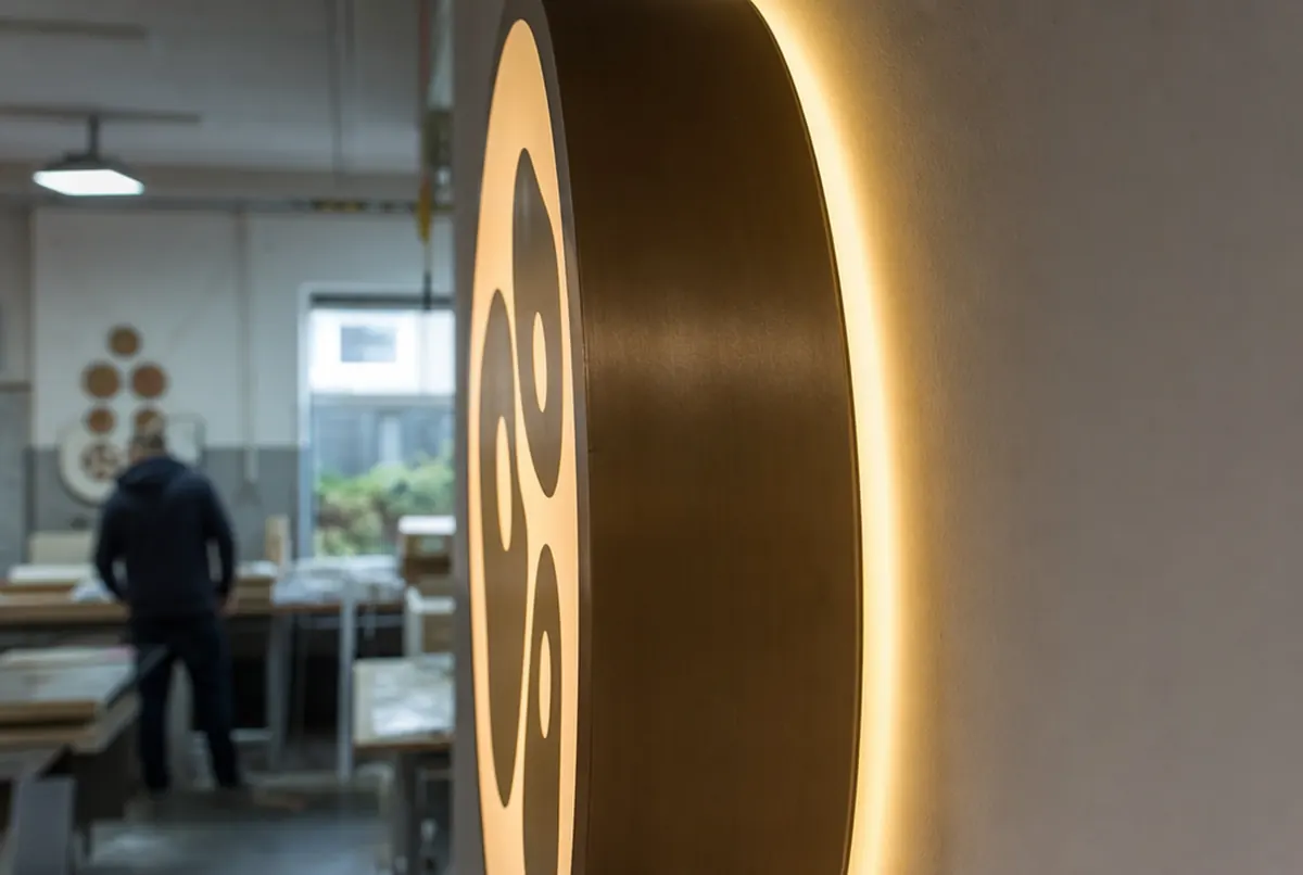 Nahaufnahme eines bronzefarbenen 3D-gedruckten Emblems mit opalem Gesicht und Halo-Licht