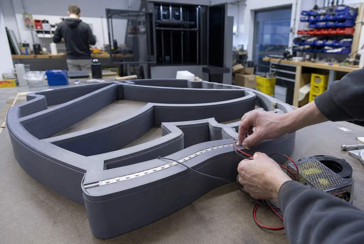 Einbau von LED-Modulen in einen in einem Stück 3D-gedruckten Logokörper