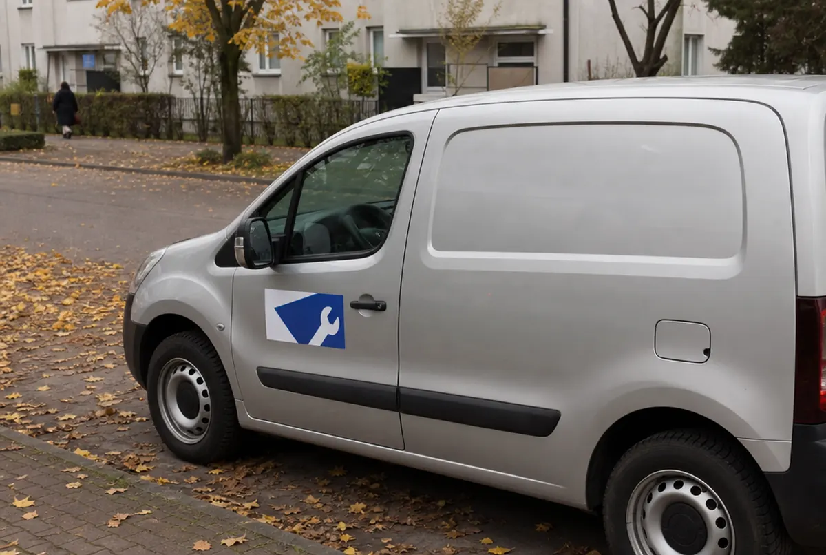 Magnetic sign with a cobalt graphic on the door of a silver compact van