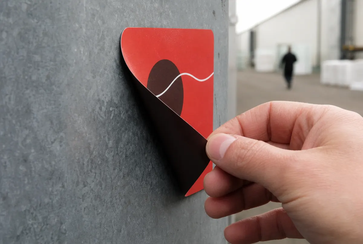 Hand peeling flexible magnetic sheet off steel, showing the brown back and rounded corners