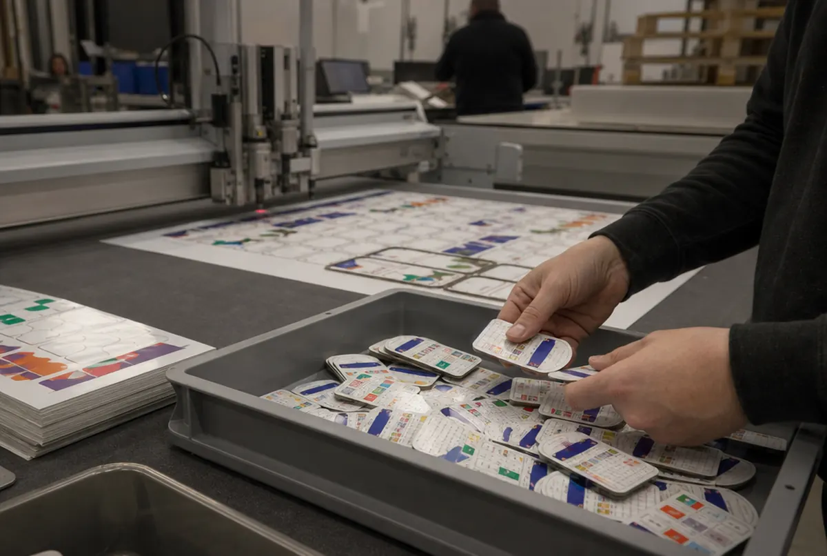 Cutting printed magnetic sheet into rectangles and sorting finished magnets