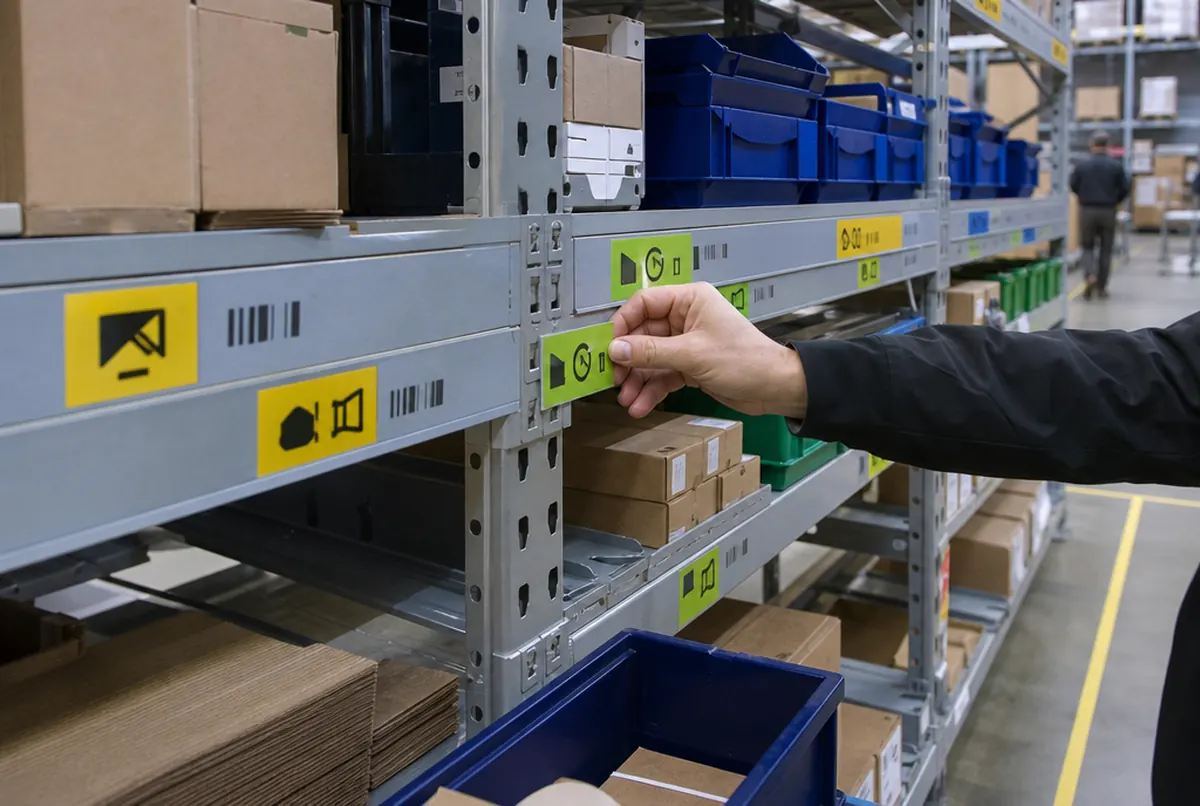 Colour magnetic labels with markings on the beams of warehouse shelving