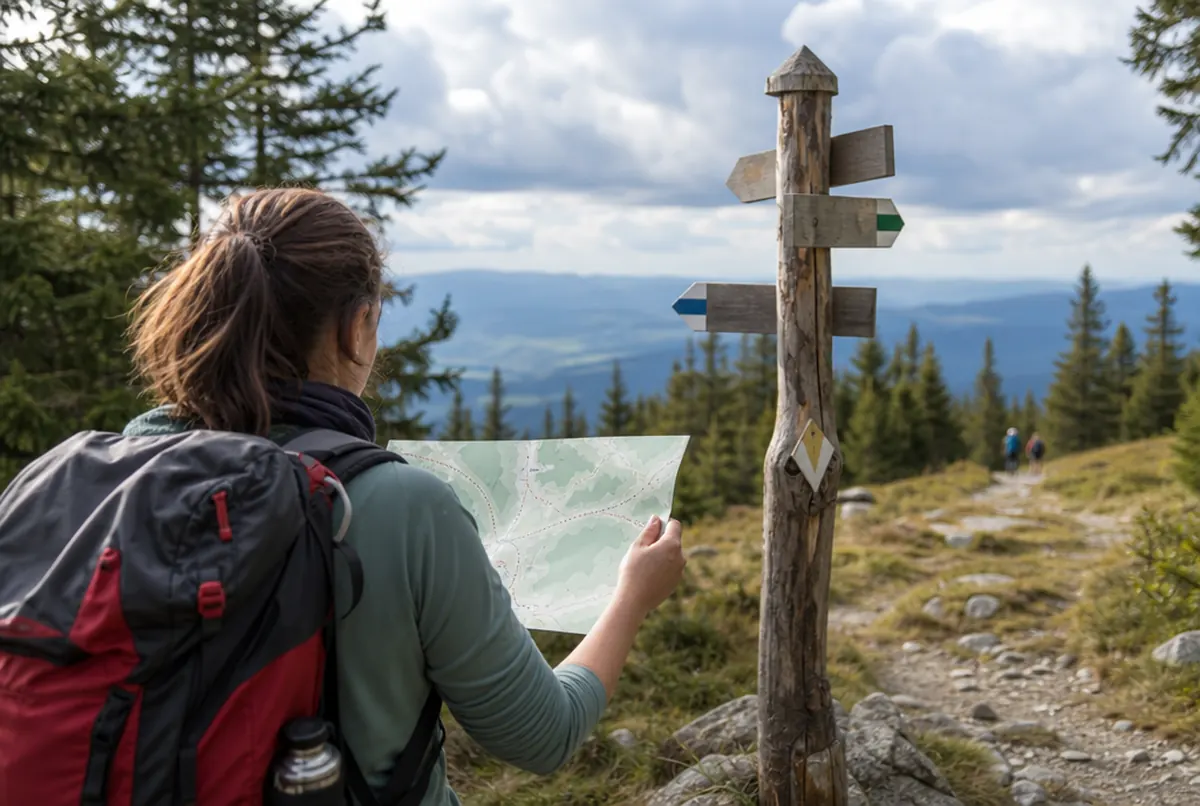 Randonneur sur un sentier de montagne tenant une carte dépliée
