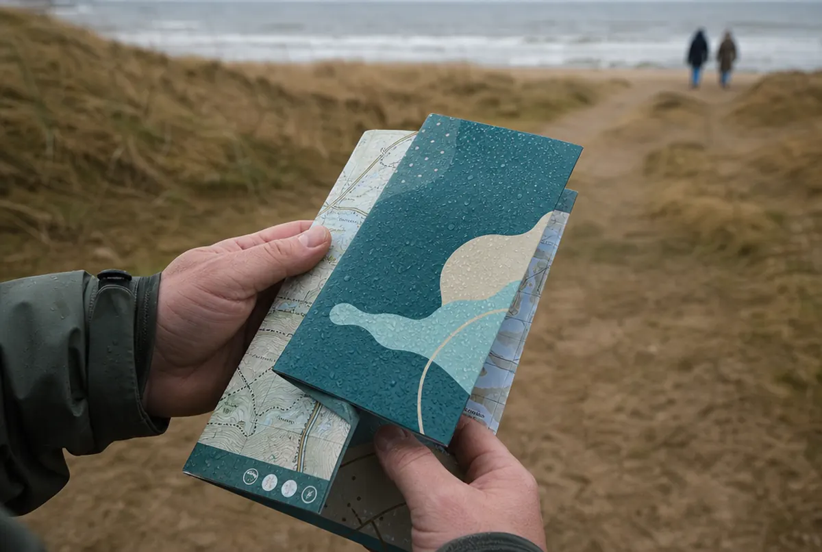 Gros plan d'une carte pliée en accordéon et en croix sur papier imperméable