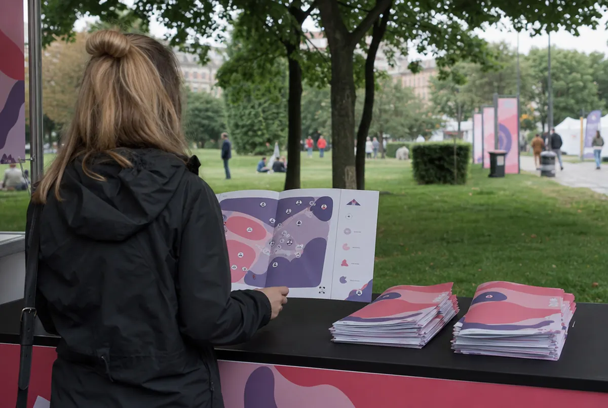 Plans de festival pliés sur la table du point info dans un parc