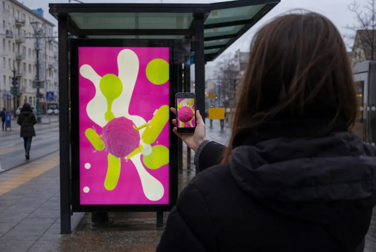 Un móvil muestra una animación AR sobre el cartel de una marquesina al escanearlo