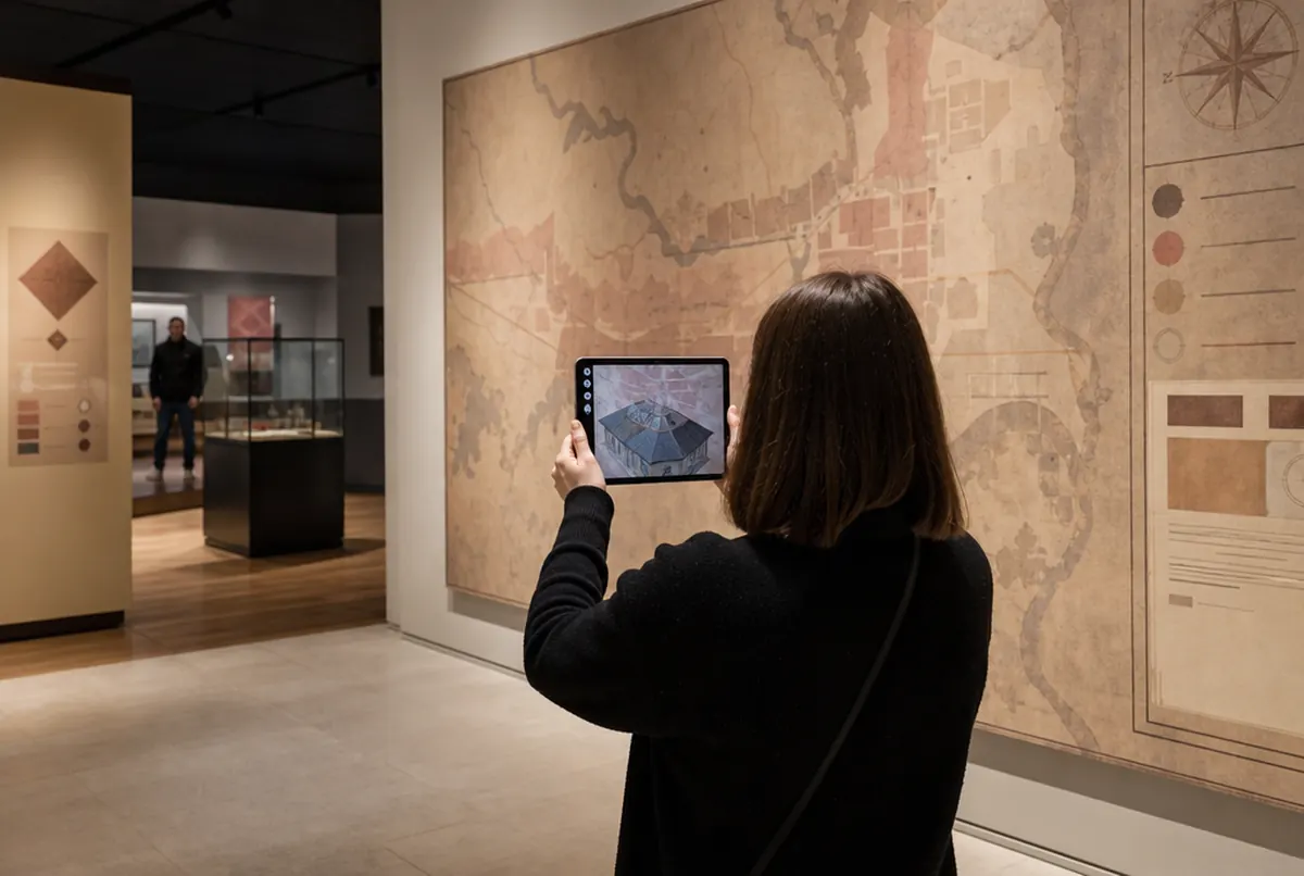 Un visitante apunta una tableta a un panel del museo y ve un modelo 3D en AR