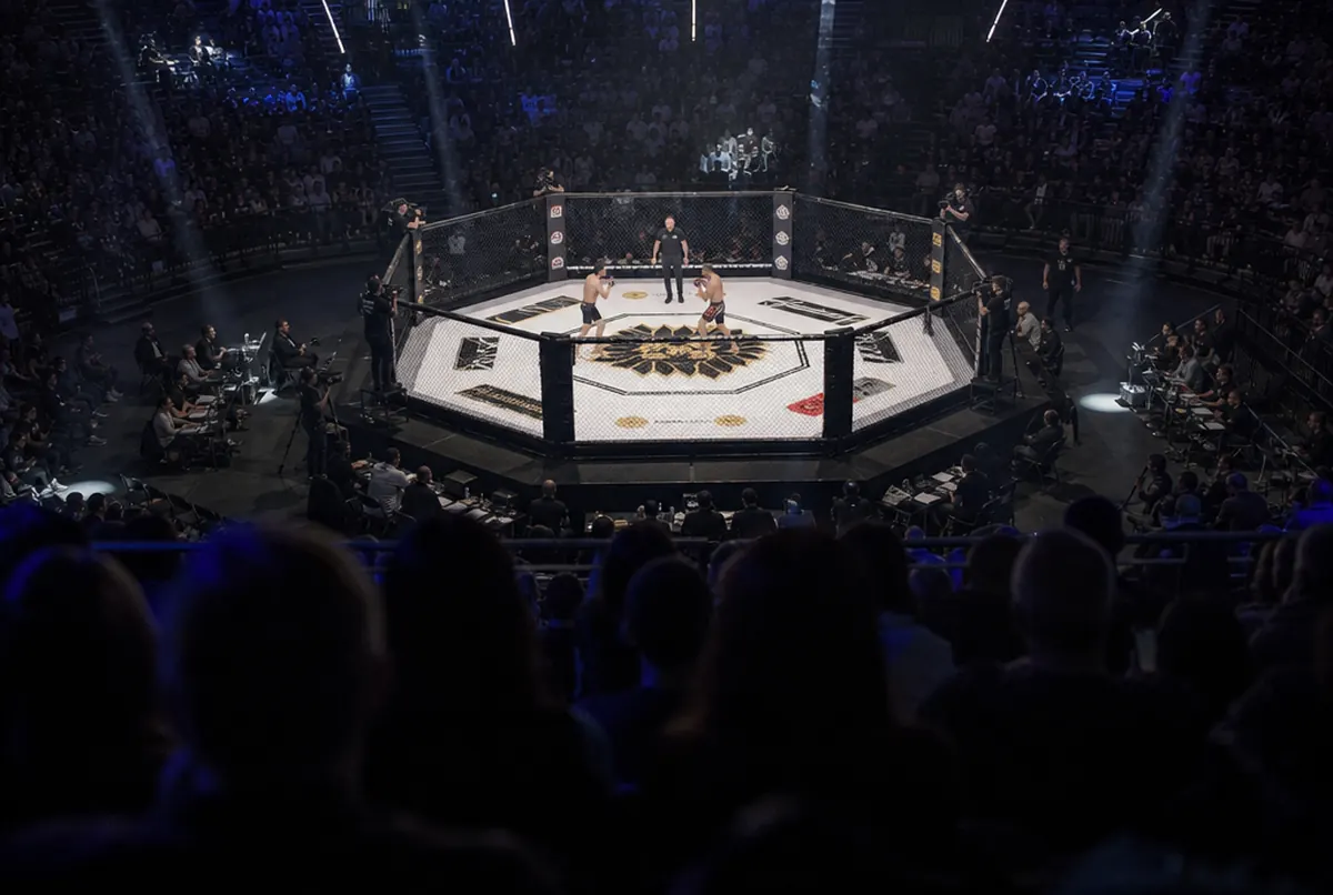 Printed octagon mat with a central emblem during an MMA gala, high-angle view