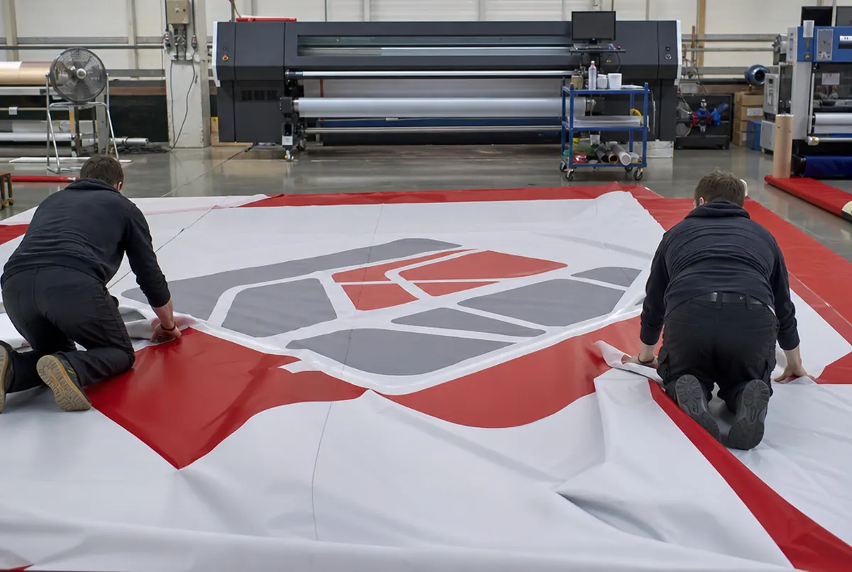 Inspecting a printed ring mat cover spread out on the production hall floor