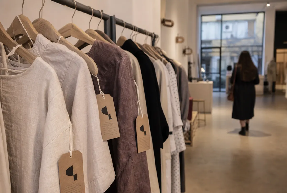 Kraft card hang tags on strings attached to clothes on a boutique rack