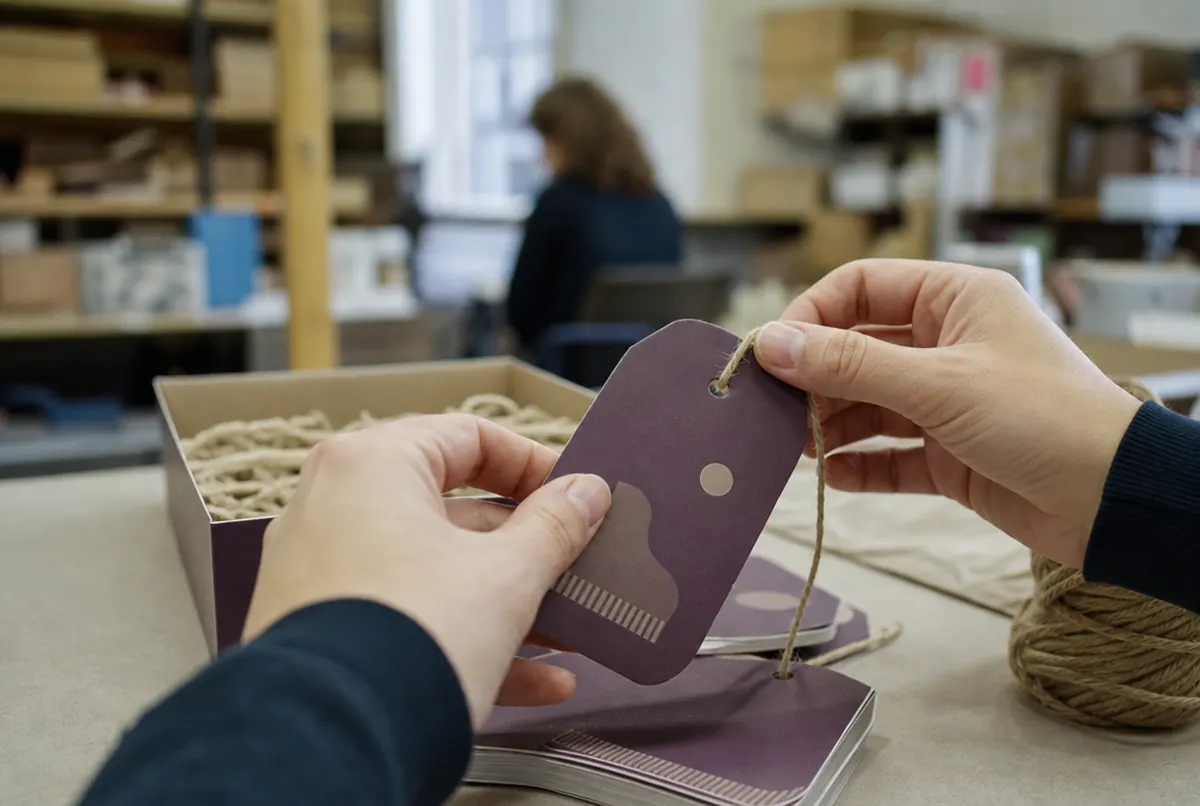 Close-up of a hang tag with rounded corners, a punched hole and twine