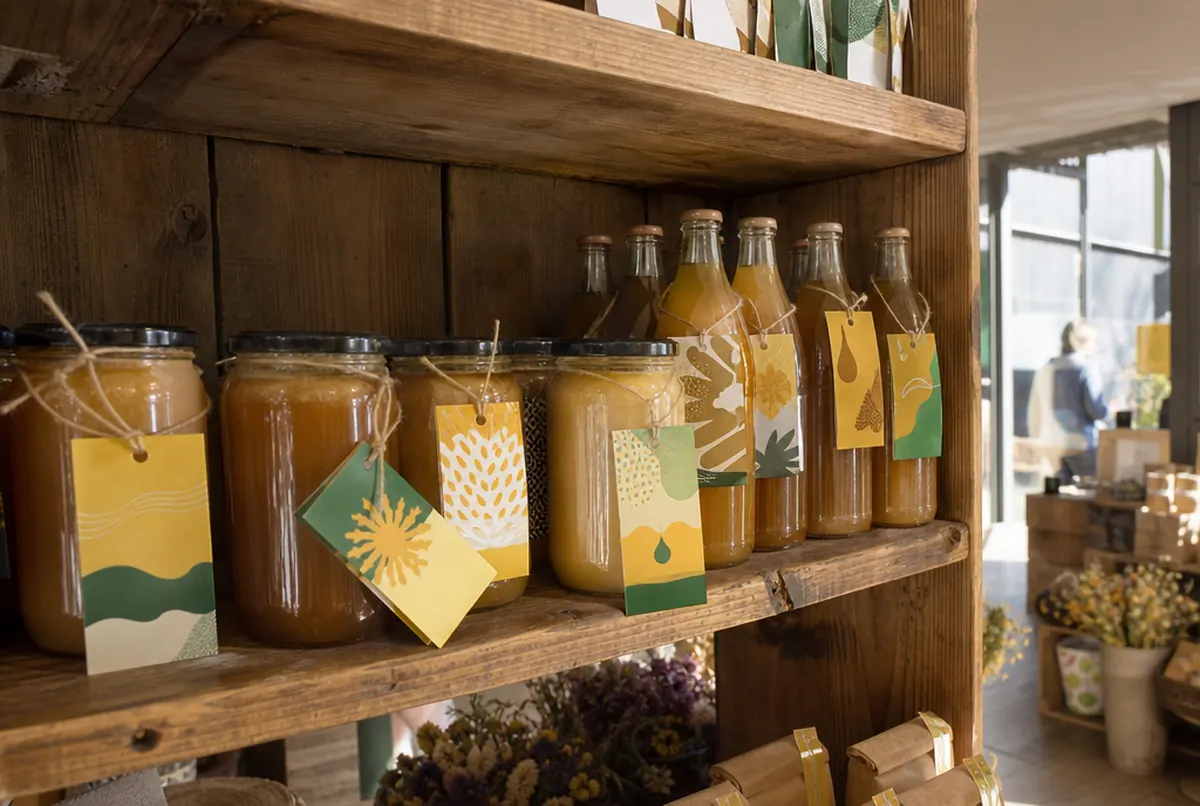 Neck tags on honey jars and juice bottles on a local produce shop shelf