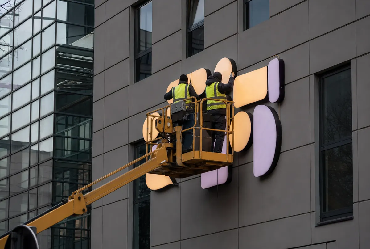 Montageteam auf der Hebebühne montiert Leuchtelemente an einer Bürofassade