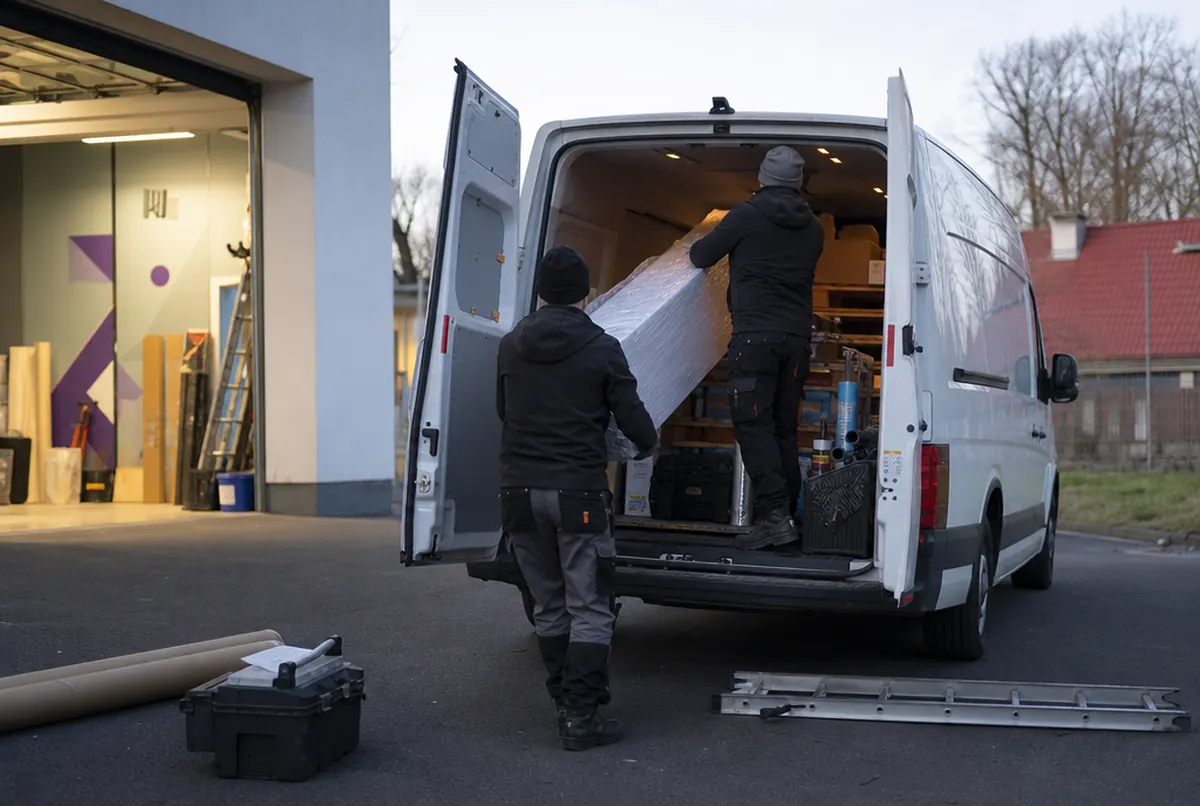 Das Team lädt Leuchtkästen, Grafiken und Werkzeug vor dem Montageeinsatz in den Transporter