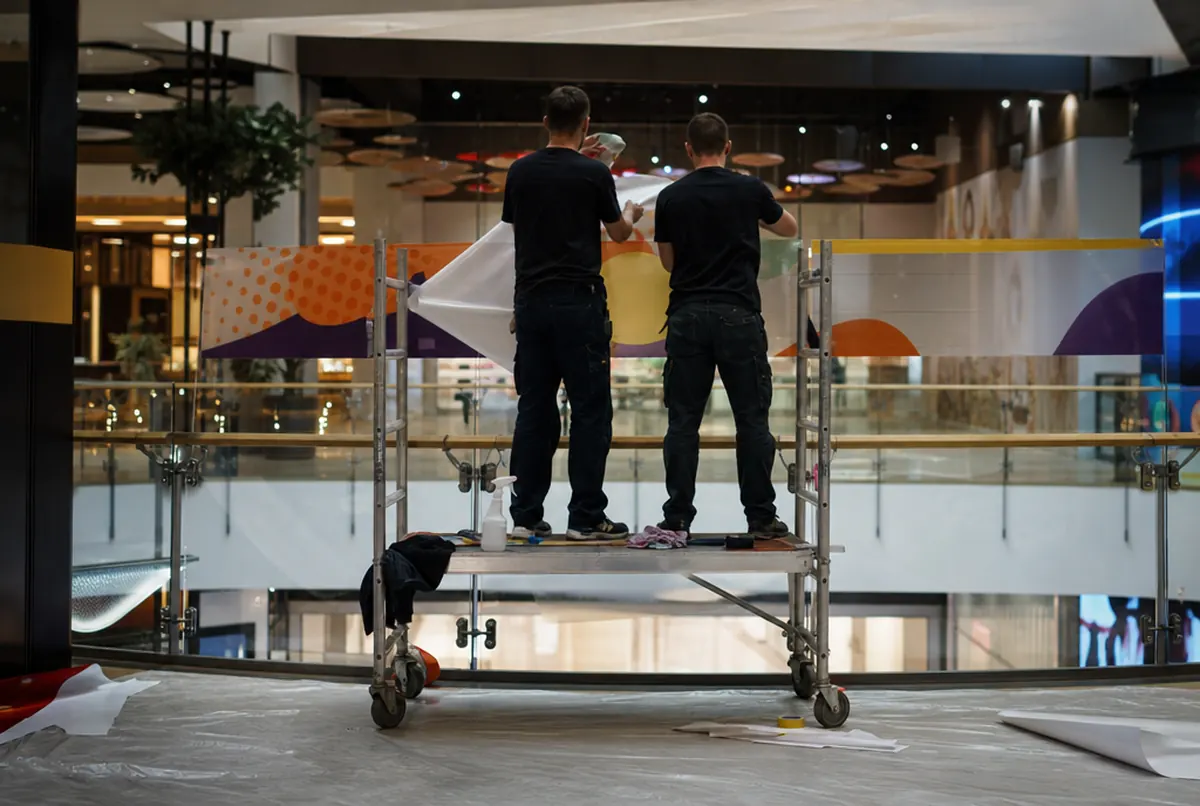 Nachtmontage von Druckfolie an einer Glasbrüstung im geschlossenen Einkaufszentrum