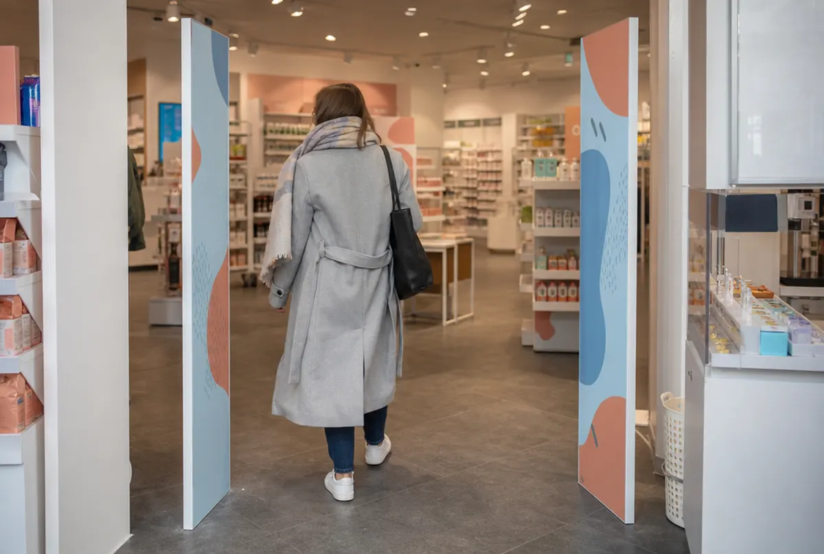 Diebstahlsicherungsantennen mit bedruckten Verkleidungen am Drogerie-Eingang