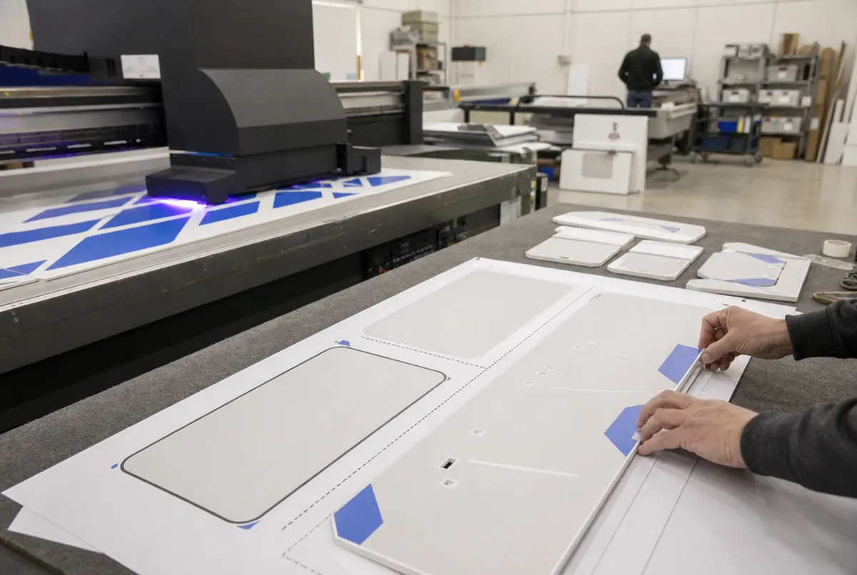 Druck von Antennenblenden auf PVC und Abgleich mit der Schablone