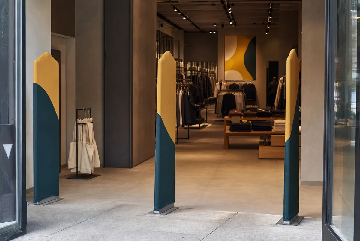 Diebstahlantennen mit bedruckten Stretchstoff-Hüllen in einem Modegeschäft