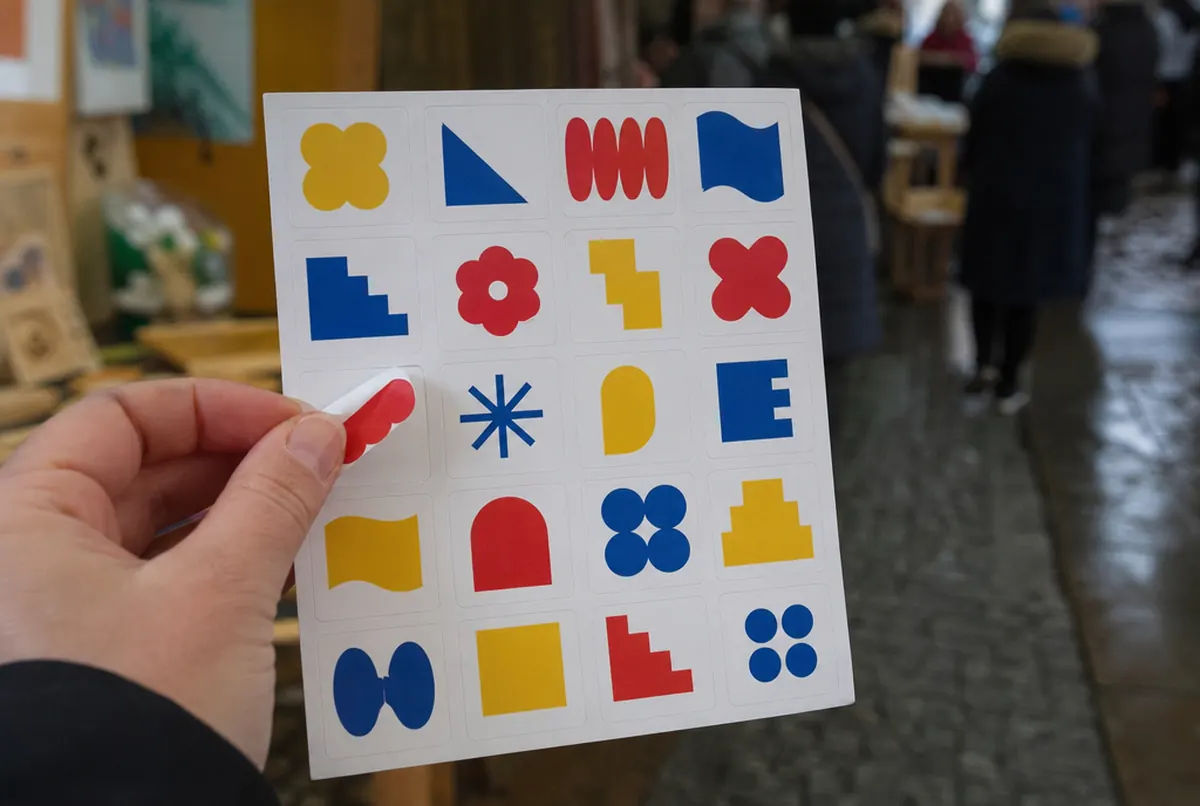 Main tenant une planche A5 de stickers icônes prédécoupés, l'un soulevé
