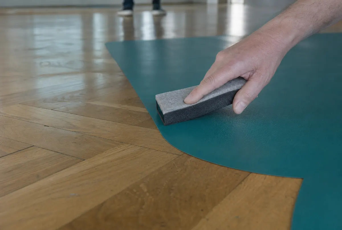 Nahaufnahme der Kante eines Bodenaufklebers mit Antirutschlaminat