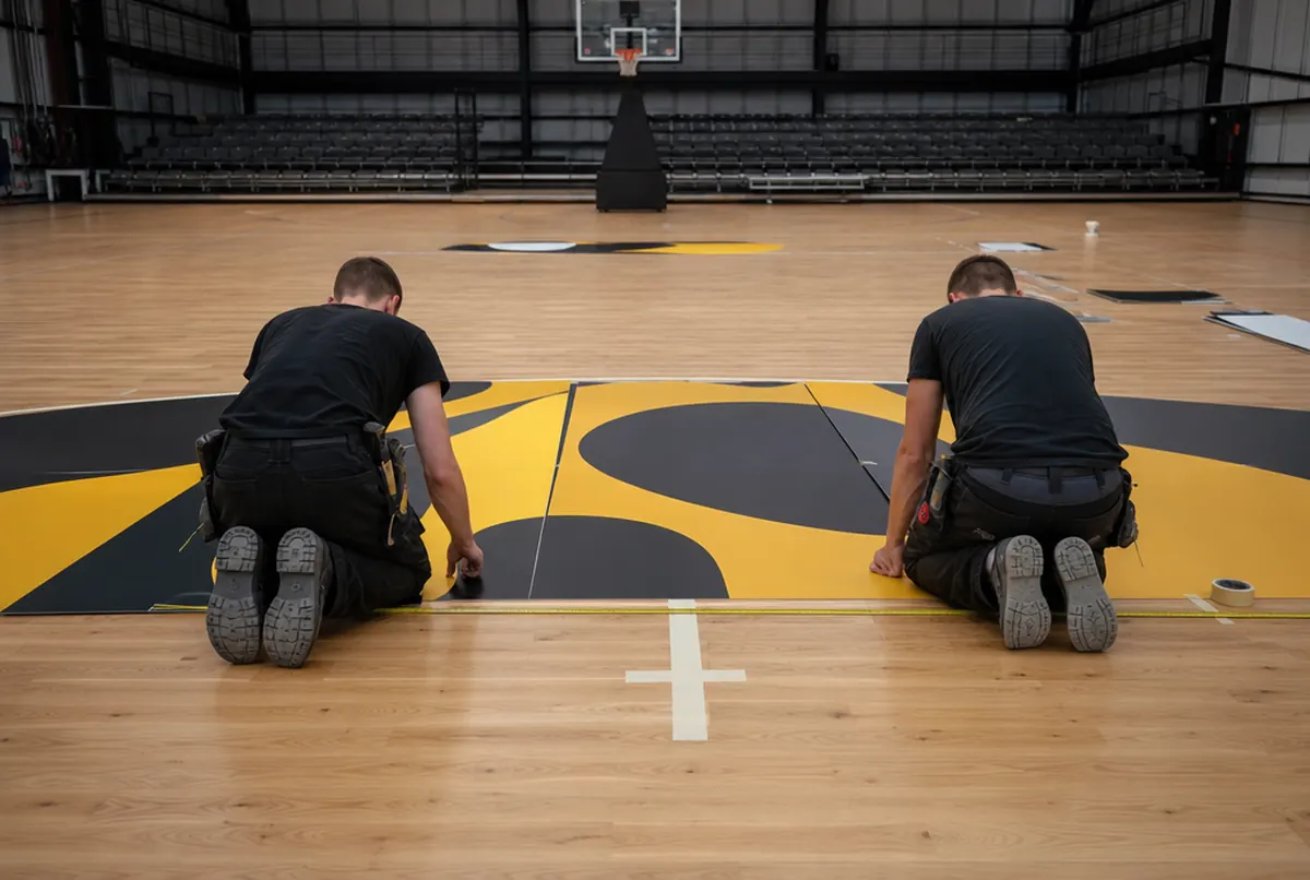 Monteure verkleben eine mehrteilige Bodengrafik auf einem Basketballfeld