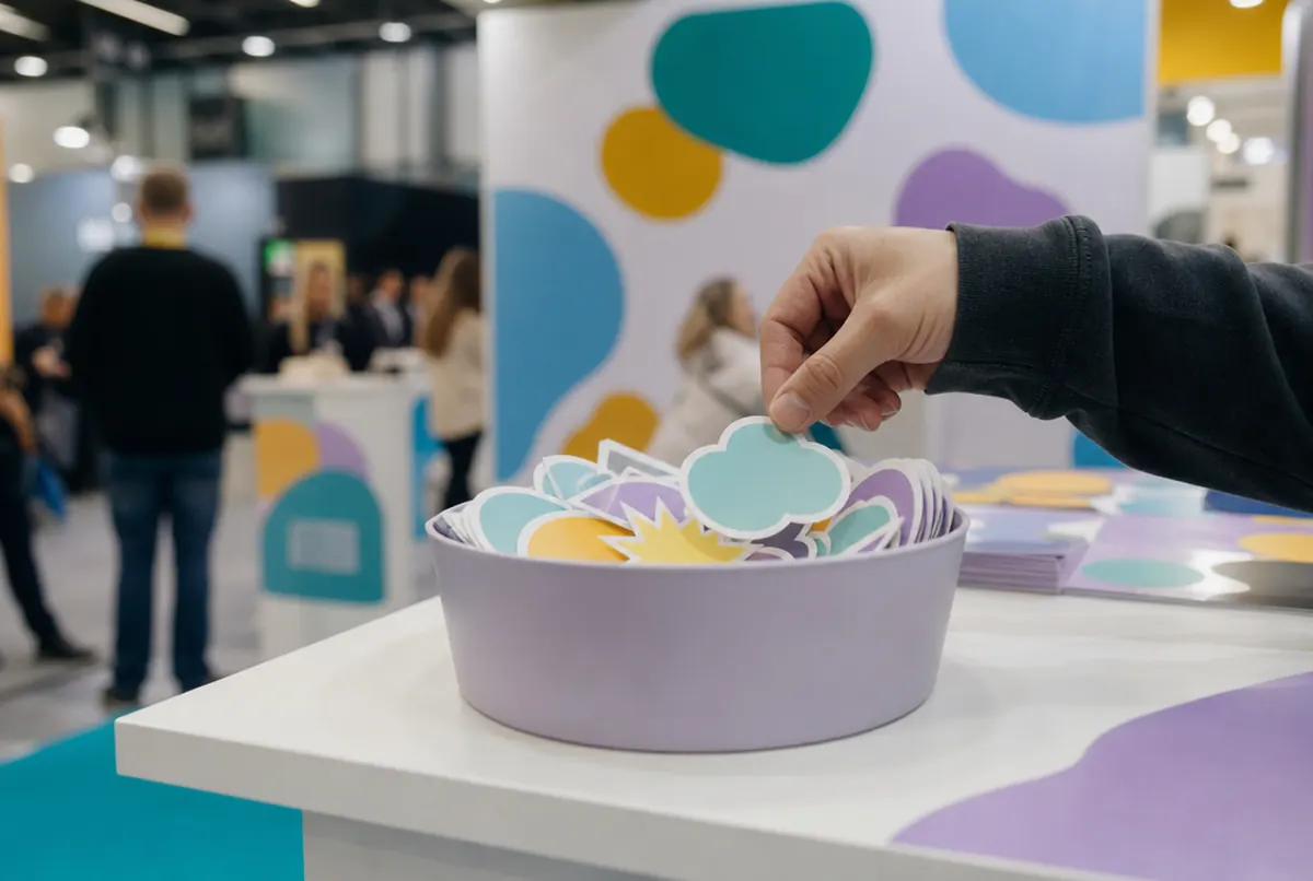Bowl of die-cut stickers on a trade fair counter, a visitor's hand taking one