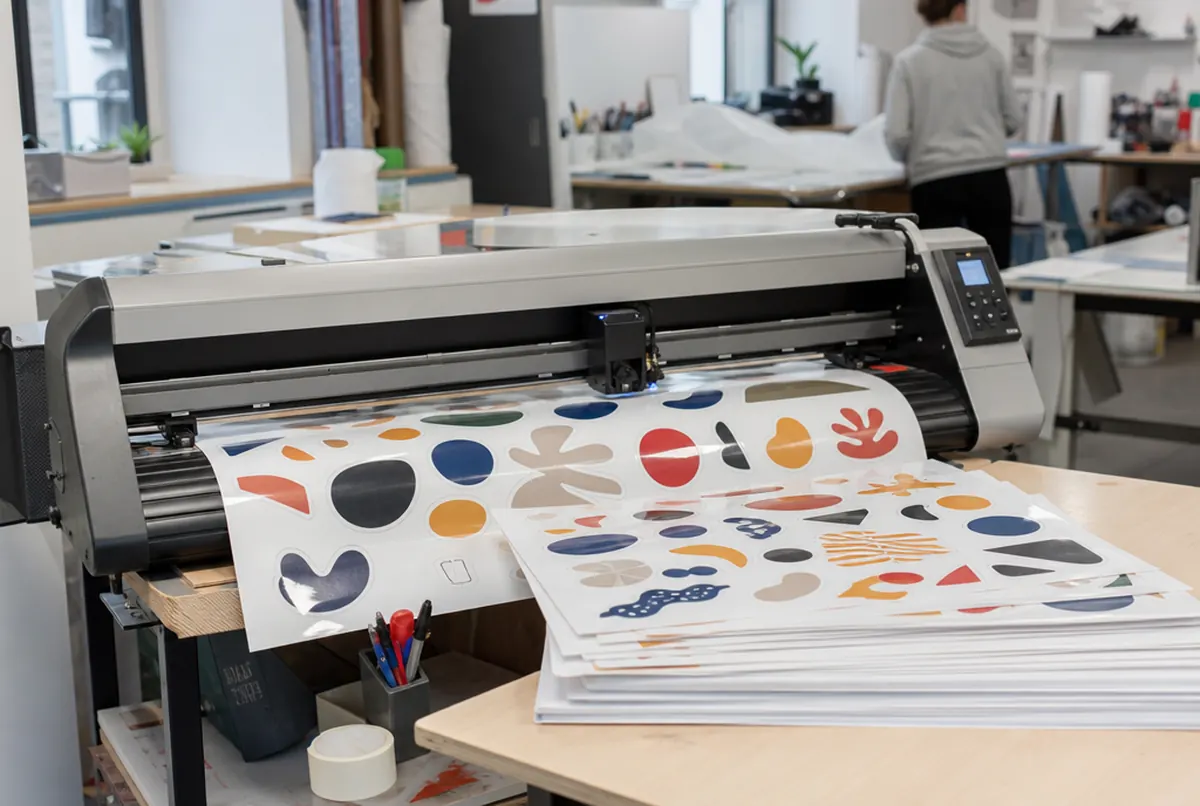Cutting plotter contour-cutting stickers on a vinyl sheet, finished sheets beside it