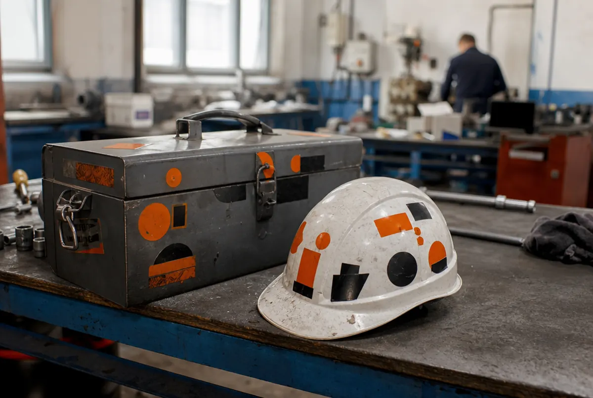 Hard hat and toolbox decorated with die-cut stickers on a workshop bench
