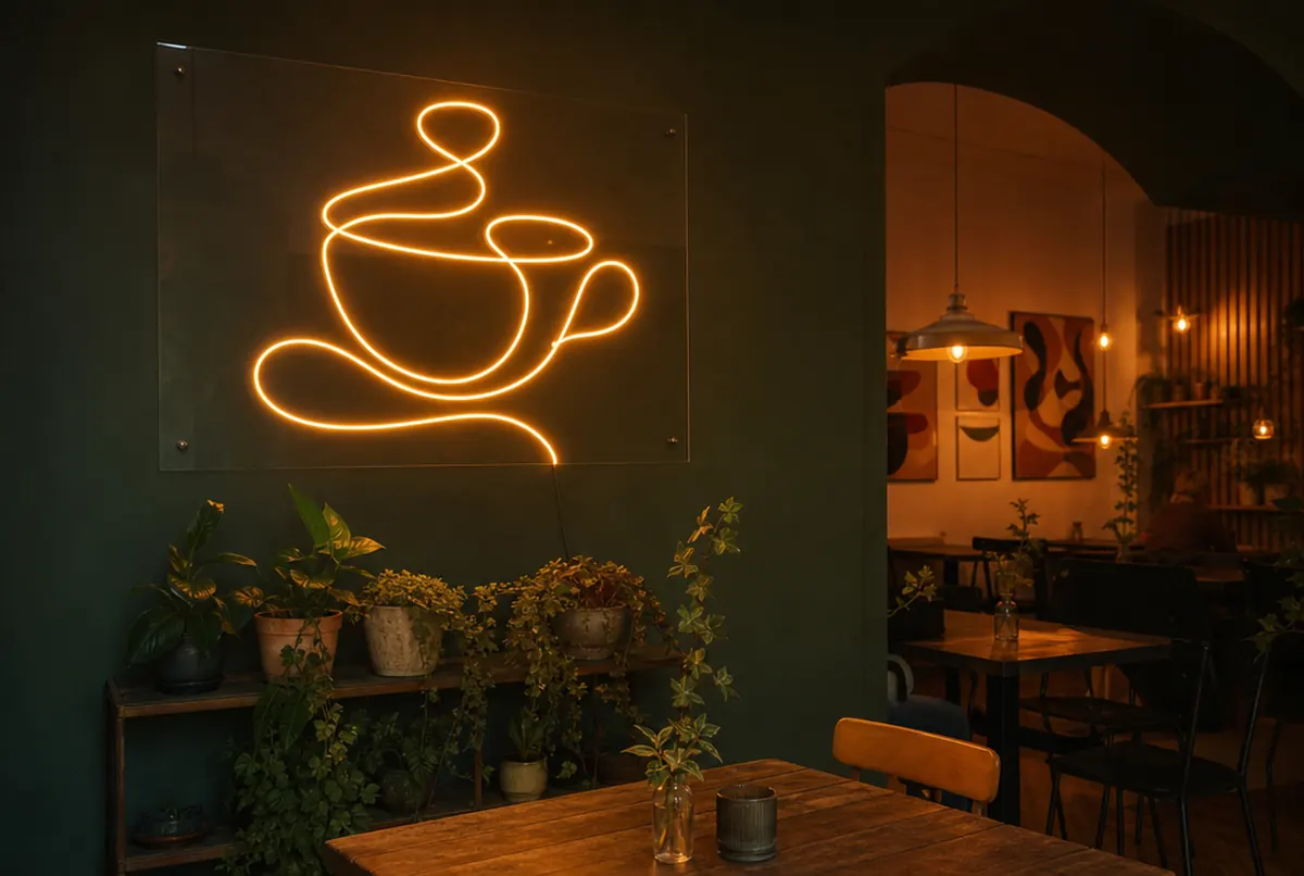 Bernsteinfarbenes LED-Neon in Tassenform auf Acrylglas an einer grünen Cafewand