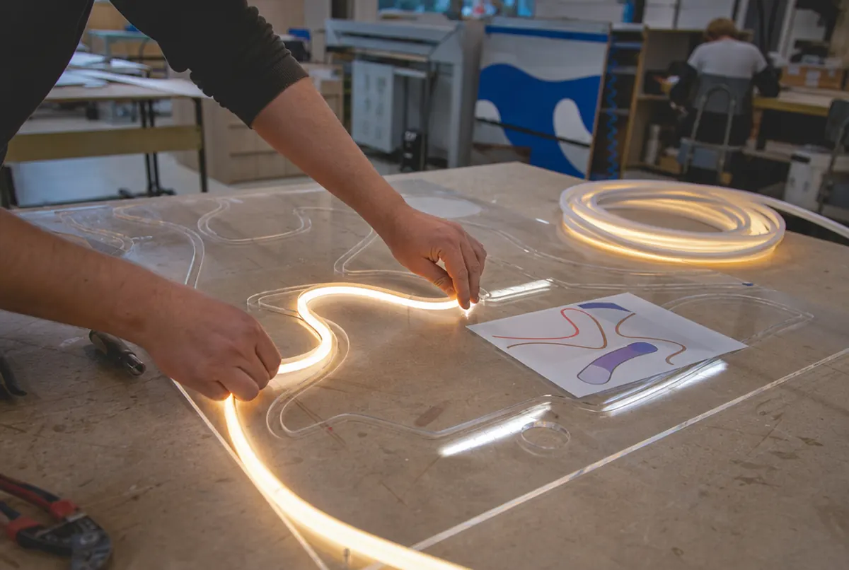 Hände drücken den LED-Schlauch in eine gefräste Nut im Acrylglas