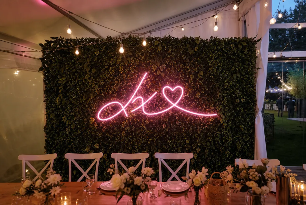 Rosa LED-Neon mit Herz an einer Pflanzenwand bei einer Hochzeitsfeier