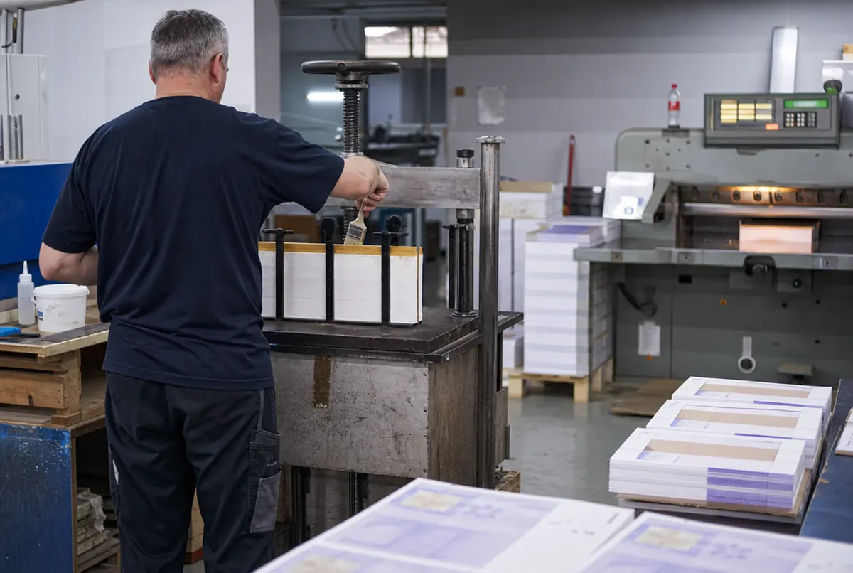 Encolado de los blocs de notas por la parte superior en la prensa del taller