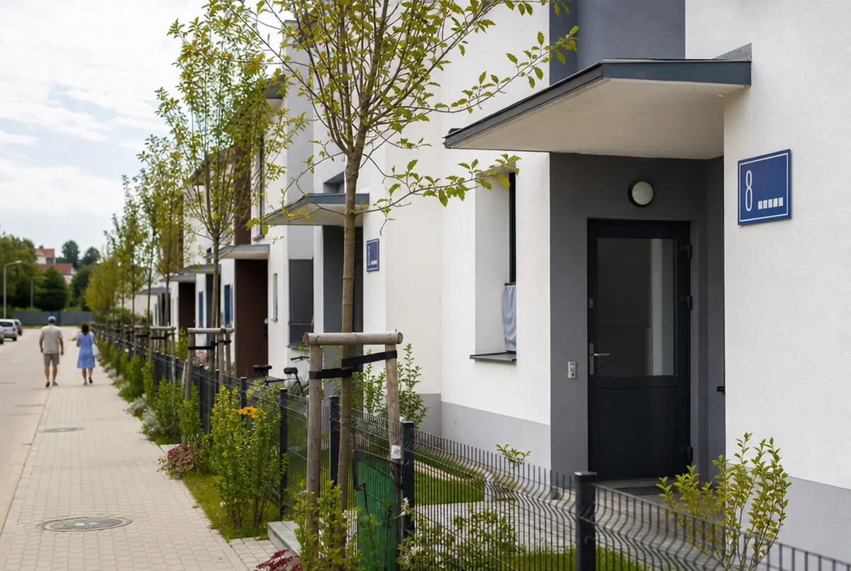 Plaques d'adresse bleues identiques à l'entrée des immeubles d'un nouveau quartier
