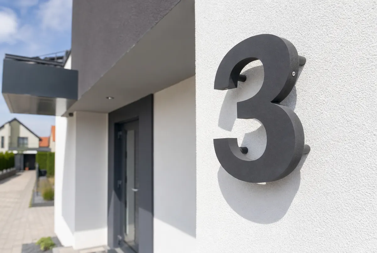 Chiffre 3D anthracite fraisé sur entretoises sur une façade enduite blanche