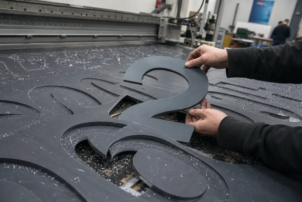Des mains sortent un chiffre fraisé CNC d'une plaque composite graphite