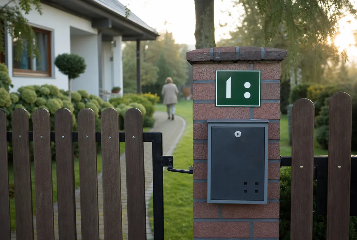 Plaque d'adresse verte sur un pilier en brique près du portillon d'une maison