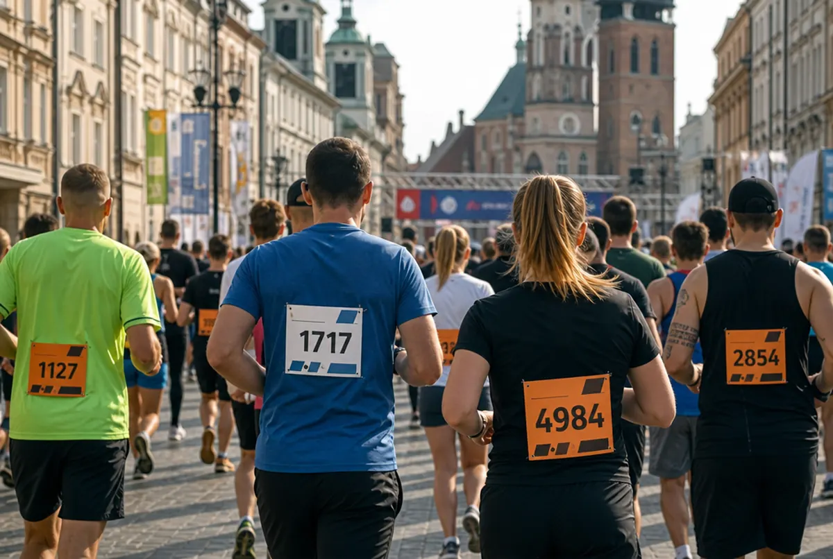 Läufer von hinten mit Startnummern auf dem Rücken beim Start eines Stadtlaufs