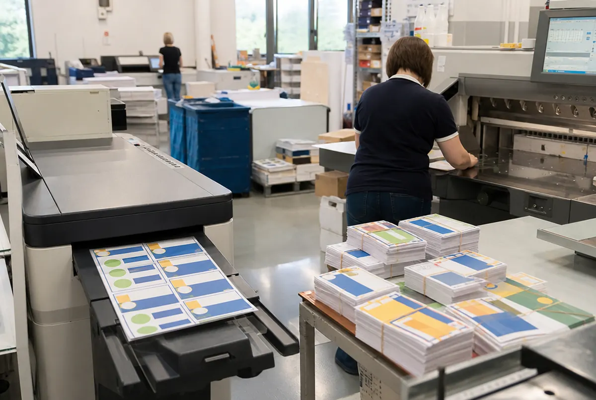 Startnummern vom Digitaldrucker werden in der Druckerei zu Paketen gestapelt