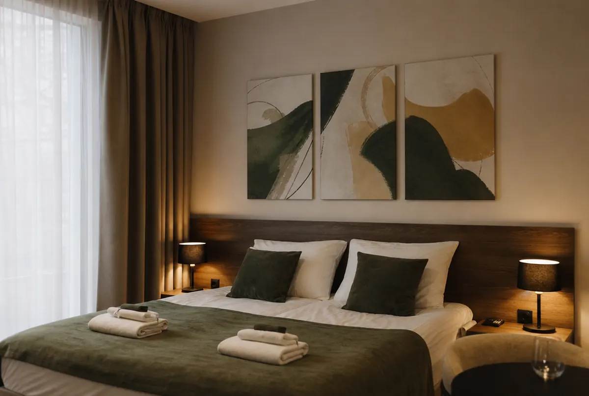 Triptyque sur toile vert et ocre au-dessus du lit d'une chambre d'hôtel
