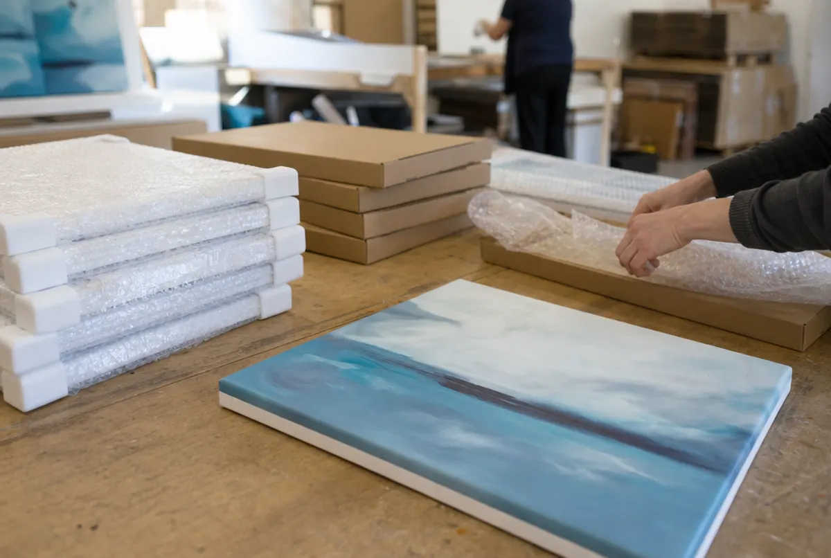 Emballage de toiles finies avec coins de protection dans des cartons