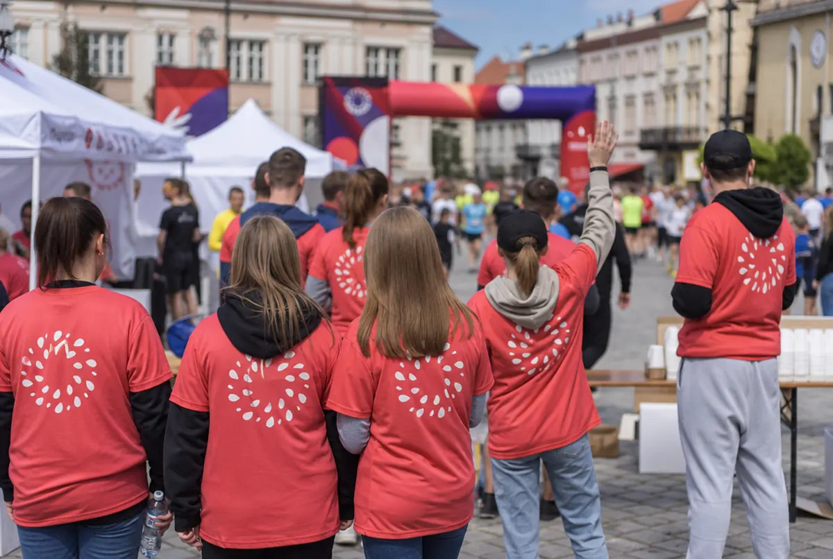 Voluntarios con camisetas rojas estampadas en la espalda durante una carrera urbana