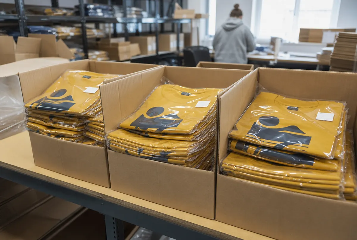 Camisetas estampadas ordenadas por tallas en bolsas, listas en cajas para el envío