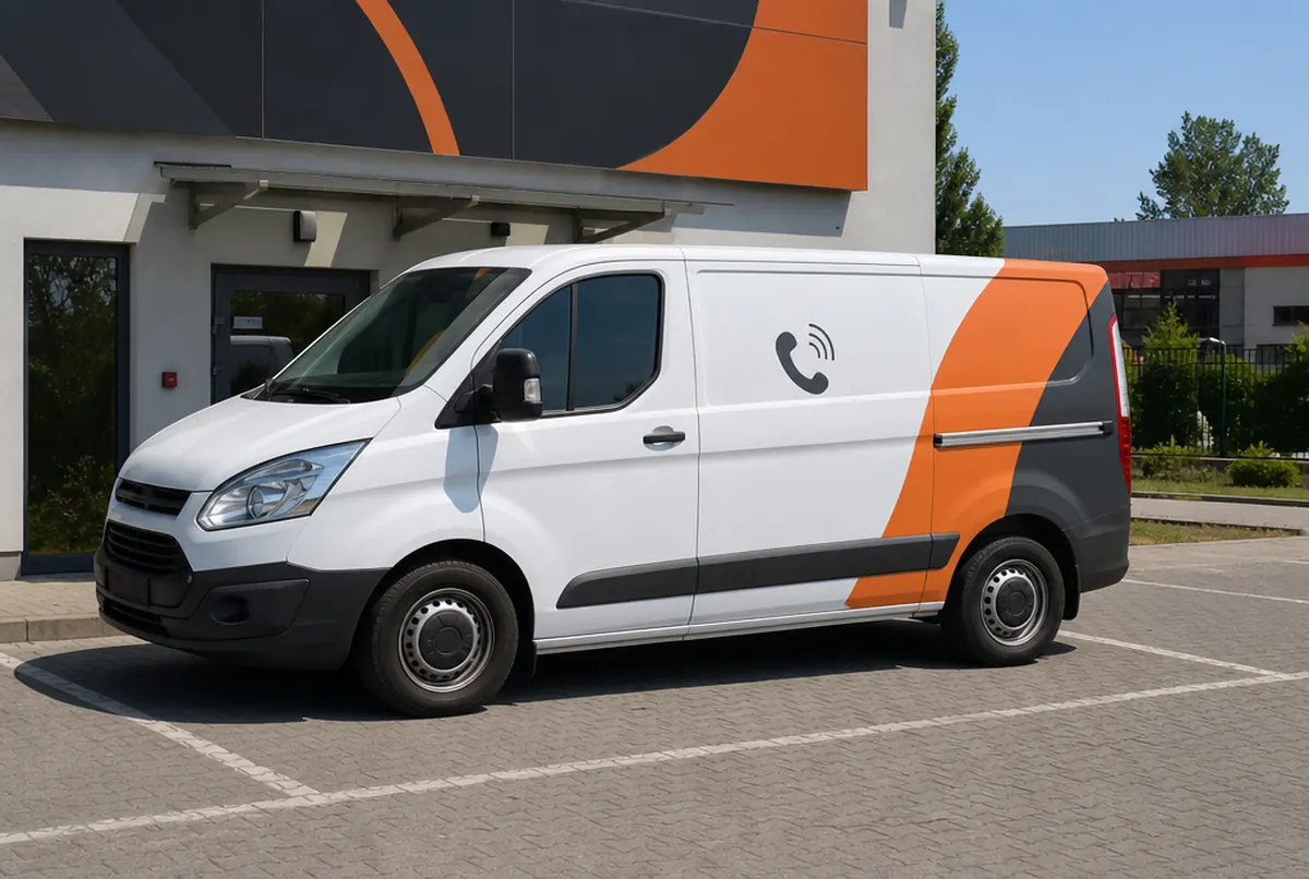 Firmentransporter mit Teilbeklebung in Orange und Schiefergrau vor dem Firmengebäude
