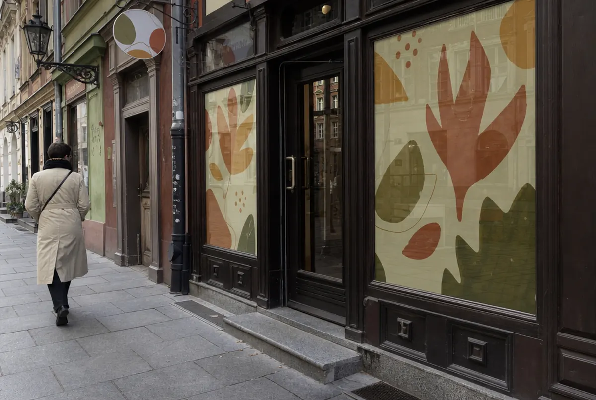 Escaparate decorado con vinilo impreso otoñal en una calle del casco antiguo