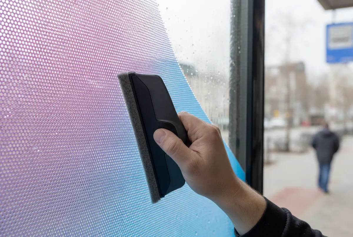 Primer plano: una rasqueta aplica vinilo One Way Vision impreso sobre el cristal