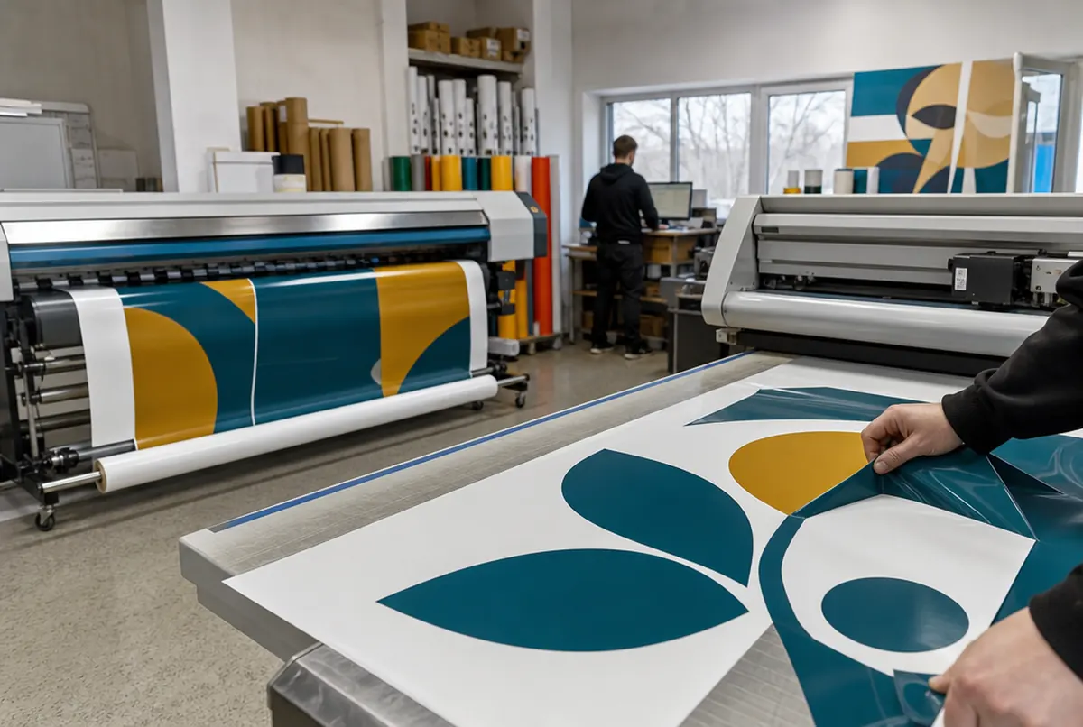 Impresión de vinilo para escaparates y corte de vinilo de color en el taller
