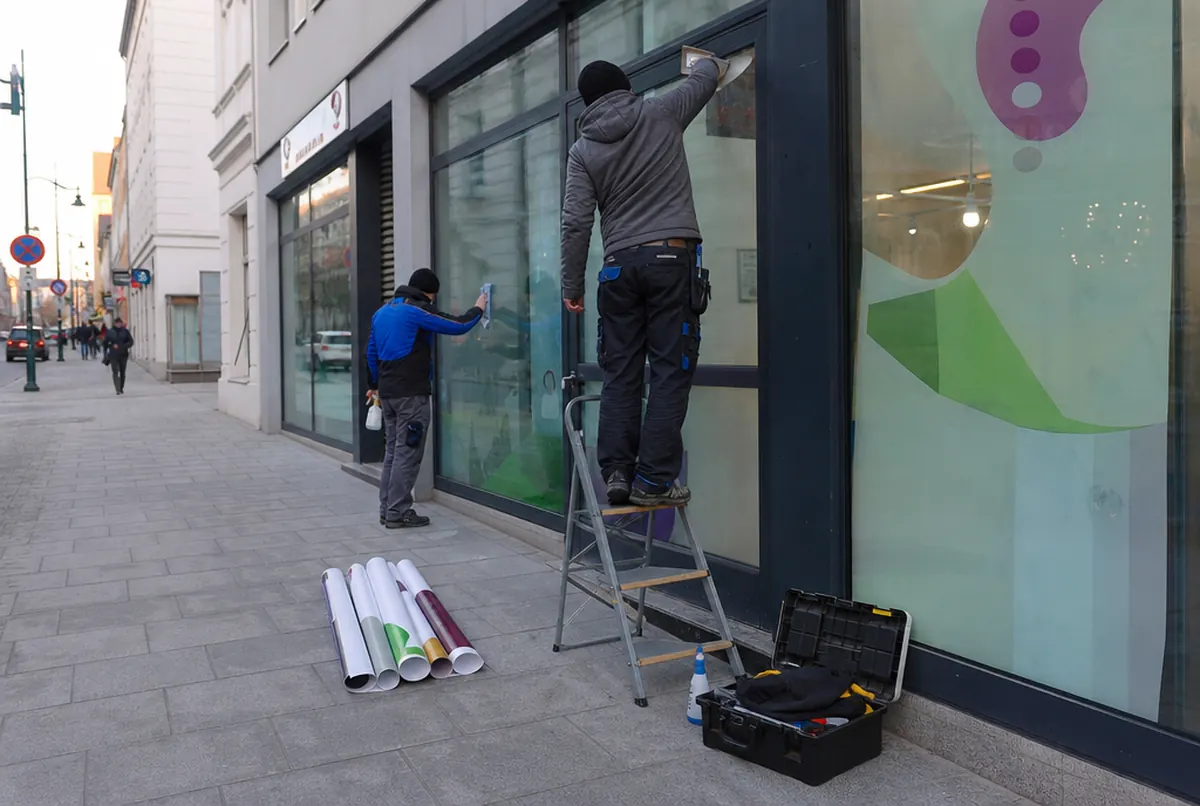 Instaladores retiran gráficas antiguas y limpian el cristal antes del nuevo vinilo