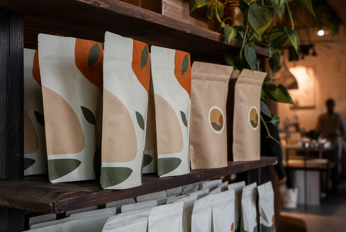 Bolsas doypack con válvula impresas en el estante de una tienda de café