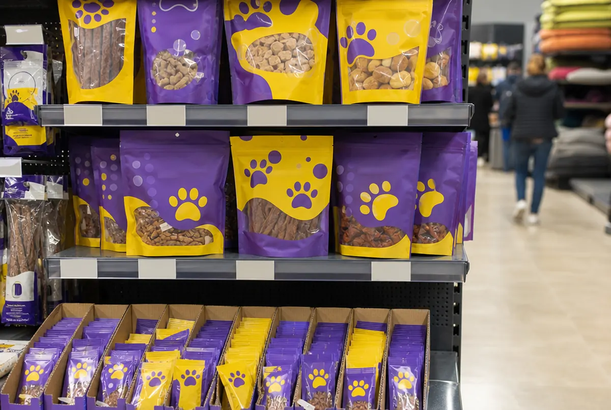 Bolsas de fondo plano con snacks para mascotas y sobres de muestra