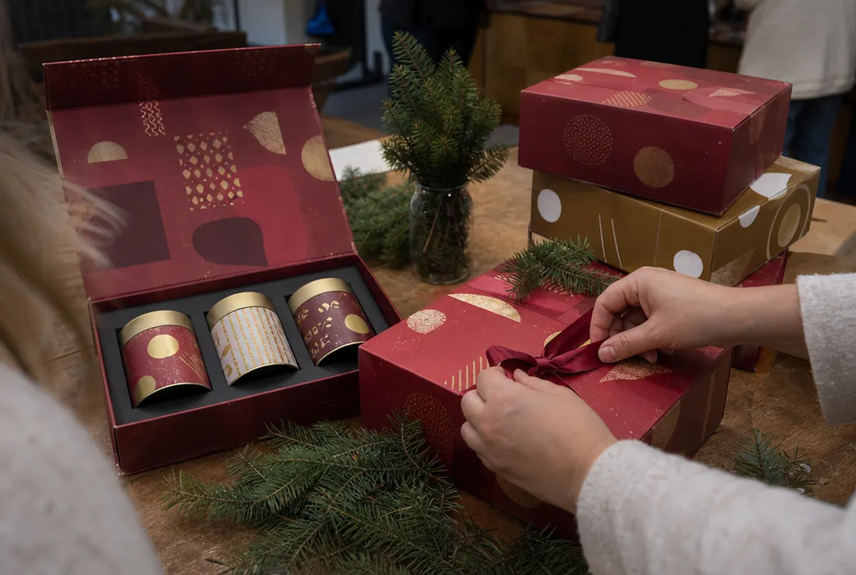 Bedruckte festliche Geschenkschachteln mit Einlage für Teedosen